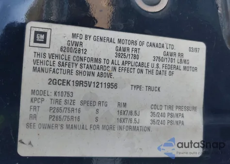 1997 Chevrolet K1500 Fleetside z USA, uszkodzony, nr VIN 2GCEK19R5V1211956